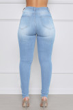 Blue Fashion Casual Solid Ripped High Waist Skinny Jeans