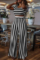 Black White Fashion Casual Striped Print Basic O Neck Short Sleeve Two Pieces