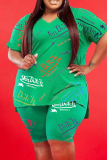Green Fashion Casual Print Slit V Neck Plus Size Two Pieces