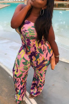 Pink Sexy Casual Print Backless Strapless Plus Size Jumpsuits