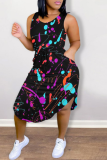Black Sexy Patchwork Tie-dye O Neck Waist Skirt Dresses
