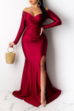 Red Sexy Solid Split Joint Off the Shoulder Irregular Dress Dresses