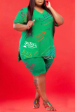 Green Fashion Casual Print Slit V Neck Plus Size Two Pieces