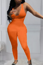 Tangerine Red Sexy Solid Split Joint U Neck Skinny Jumpsuits