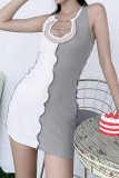 Gray Fashion Sexy Spaghetti Strap Sleeveless U Neck Wrapped Skirt Mini Patchwork Dresses