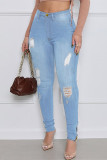 Blue Fashion Casual Solid Ripped High Waist Skinny Jeans