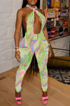 Green Sexy Print Hollowed Out Halter Skinny Jumpsuits