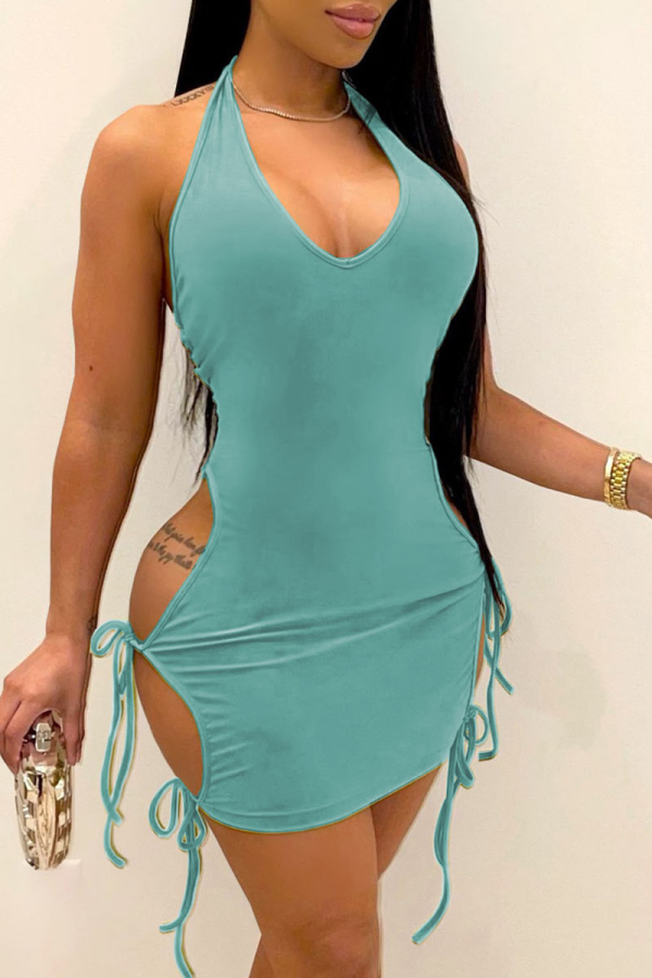 Light Blue Sexy Solid Hollowed Out Halter Pencil Skirt Dresses