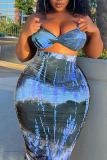 Blue Sexy Print Split Joint Strapless Pencil Skirt Plus Size Two Pieces