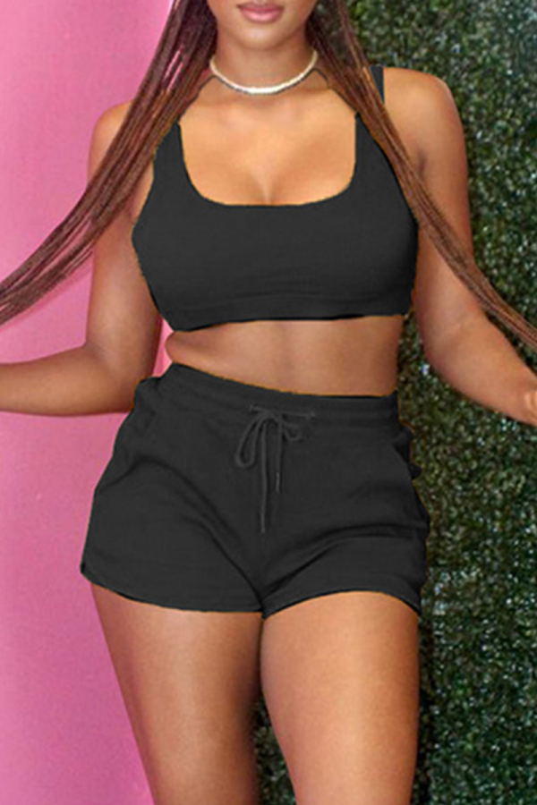 Black Sexy Casual Solid Basic U Neck Sleeveless Two Pieces