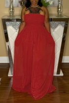 Red Sexy Solid Split Joint Strapless Loose Jumpsuits