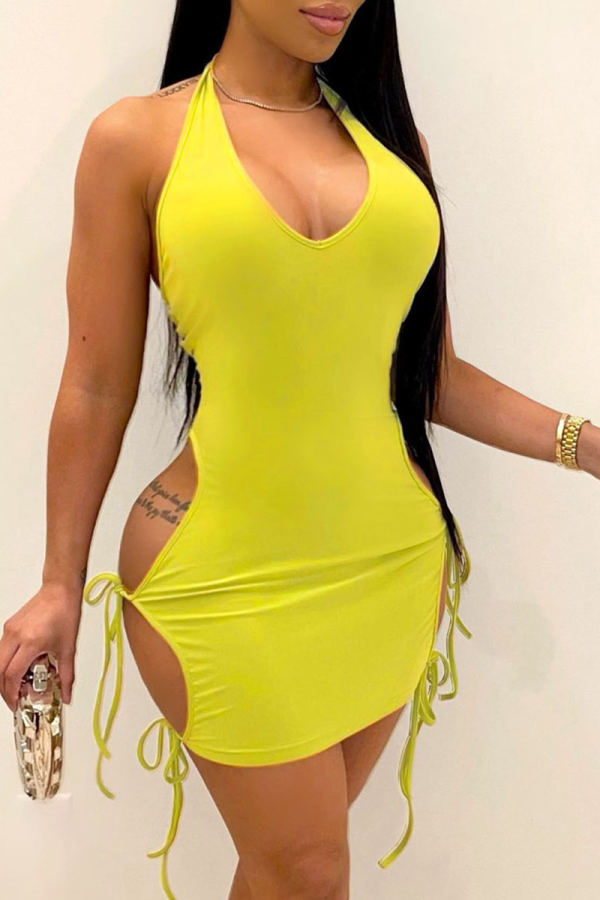 Yellow Sexy Solid Hollowed Out Halter Pencil Skirt Dresses