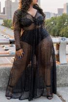 Black Sexy Patchwork See-through Mesh V Neck Straight Dresses