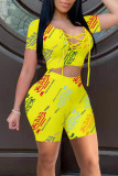 Yellow Casual Print Patchwork Frenulum O Neck Short Sleeve Two Pieces