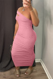 Pink Fashion Sexy Solid Backless One Shoulder Sleeveless Dress