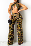 Yellow Fashion Sexy Print Bandage Backless Halter Sleeveless Two Pieces (Without Waist Chain)