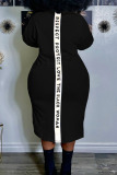 Black Casual Print Patchwork Slit O Neck Straight Plus Size Dresses