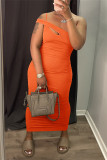 Orange Fashion Sexy Solid Backless One Shoulder Sleeveless Dress