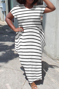 White Fashion Casual Plus Size Striped Print Basic O Neck Short Sleeve Dress