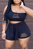 Black Sexy Casual Solid Ripped Bandage One Shoulder Sleeveless Two Pieces