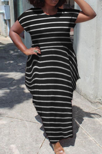 Black Fashion Casual Plus Size Striped Print Basic O Neck Short Sleeve Dress