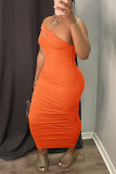 Orange Fashion Sexy Solid Backless One Shoulder Sleeveless Dress