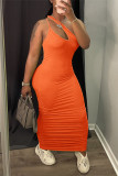 Orange Fashion Sexy Solid Backless One Shoulder Sleeveless Dress