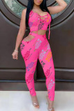 Pink Casual Print Hollowed Out Patchwork Frenulum O Neck Sleeveless Two Pieces