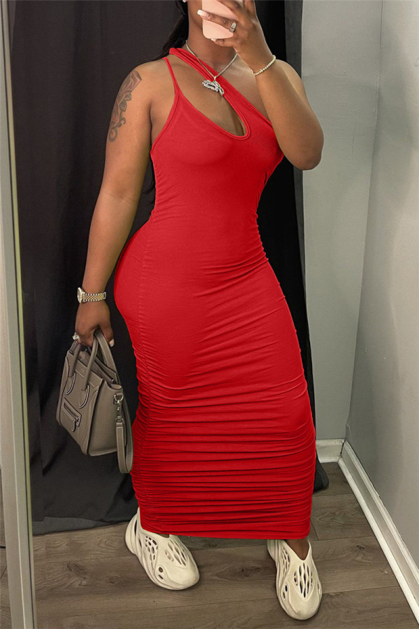 Red Fashion Sexy Solid Backless One Shoulder Sleeveless Dress
