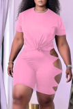 Pink Casual Solid Hollowed Out Split Joint O Neck Short Sleeve Two Pieces