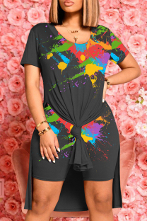 Black Fashion Casual Print Slit O Neck Short Sleeve Two Pieces