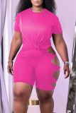 Pink Casual Solid Hollowed Out Split Joint O Neck Short Sleeve Two Pieces