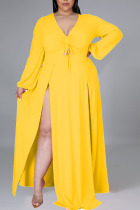 Yellow Elegant Solid Split Joint Frenulum High Opening V Neck Long Sleeve Plus Size Dresses