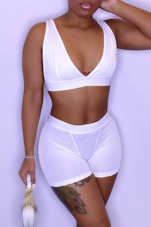 White Sexy Casual Solid Basic V Neck Sleeveless Two Pieces