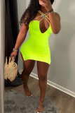 Fluorescent Green Sexy Solid Hollowed Out Halter Pencil Skirt Dresses