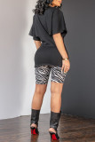 Black Fashion Casual Letter Print Hollowed Out O Neck Short Sleeve Two Pieces
