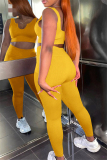 Yellow Casual Sportswear Solid Backless U Neck Two Pieces