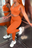 Orange Casual Sportswear Solid Backless U Neck Two Pieces