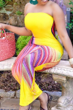 Yellow Sexy Print Split Joint Strapless Pencil Skirt Dresses