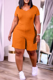 Orange Casual Solid Patchwork V Neck Straight Rompers