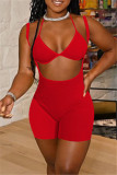 Red Fashion Sexy Solid Hollowed Out Spaghetti Strap Sleeveless Two Pieces