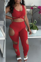 Red Sexy Hollowed Out U Neck Sleeveless Two Pieces