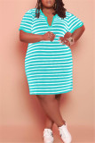 Light Green Fashion Casual Plus Size Striped Print Basic V Neck Short Sleeve Dress