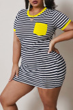 Yellow Fashion Casual adult Ma'am O Neck Striped Patchwork Stripe Plus Size