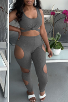 Grey Sexy Hollowed Out U Neck Sleeveless Two Pieces