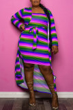Purple Fashion Casual Striped Print Cardigan Plus Size Two Pieces