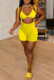 Yellow Fashion Sexy Solid Hollowed Out Spaghetti Strap Sleeveless Two Pieces