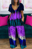 Purple Fashion Casual Print Basic V Neck Short Sleeve Regular Jumpsuits
