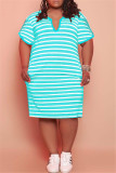 Light Blue Fashion Casual Plus Size Striped Print Basic V Neck Short Sleeve Dress