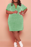Green Fashion Casual Plus Size Striped Print Basic V Neck Short Sleeve Dress